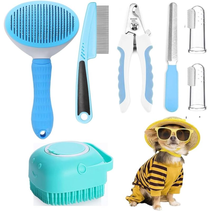 7pcs 7-Piece Grooming Kit, Self-Cleaning Brush Shedding Kit With Nail Clipper, Flea Comb, Shampoo Bath Brush, Finger Toothbrush