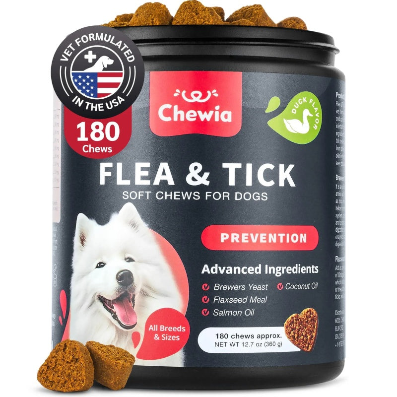 Dog Flea And Tick Treatment Chews FleaTick Prevention For Dogs Chewables Natural Dog Flea & Tick Control Soft Treats Immune Support Supplement - Container