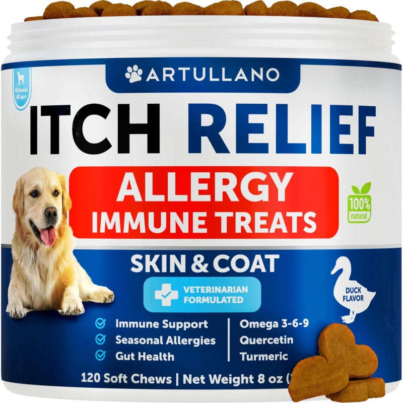 AllerEase Itch Relief Chews For Dogs Fish Oil 3 Seasonal Allergies Pills Skin & Coat Anti ItchHot Spots Treatment Canine Immune - Container(s)